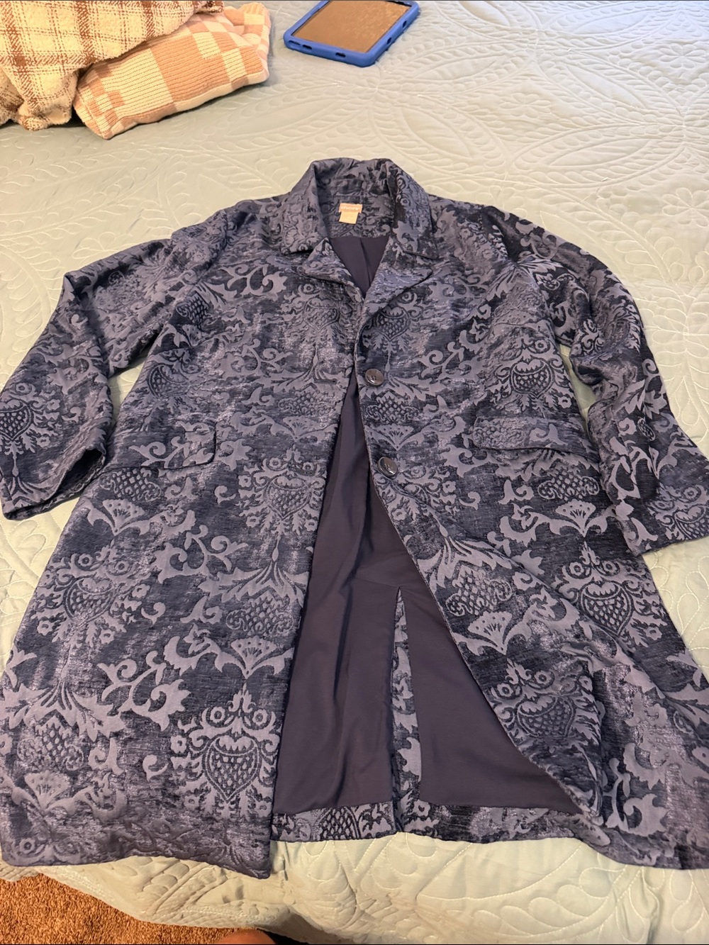 Chico's Navy Patterned Long Trench Coat
